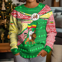 Ethiopia Christmas Kid Ugly Christmas Sweater with Santa Riding Lion Ethiopian Flag Colors and Tribal Pattern Design - Wonder Print Shop
