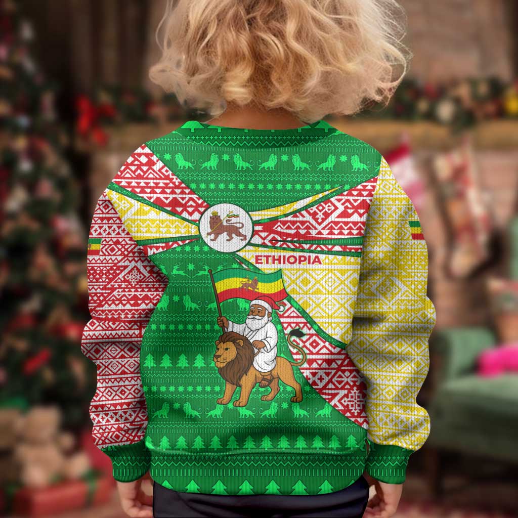 Ethiopia Christmas Kid Ugly Christmas Sweater with Santa Riding Lion Ethiopian Flag Colors and Tribal Pattern Design - Wonder Print Shop