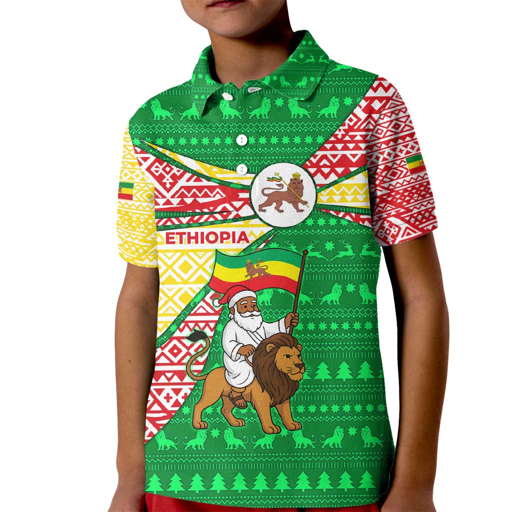 Ethiopia Christmas Kid Polo Shirt with Santa Riding Lion Ethiopian Flag Colors and Tribal Pattern Design - Wonder Print Shop