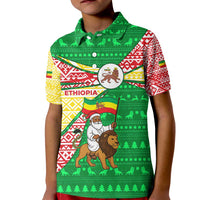 Ethiopia Christmas Kid Polo Shirt with Santa Riding Lion Ethiopian Flag Colors and Tribal Pattern Design - Wonder Print Shop