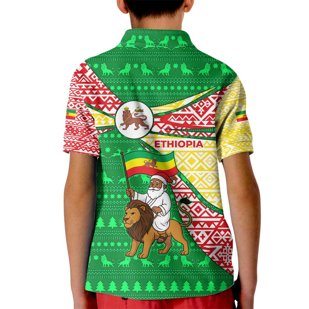 Ethiopia Christmas Kid Polo Shirt with Santa Riding Lion Ethiopian Flag Colors and Tribal Pattern Design - Wonder Print Shop