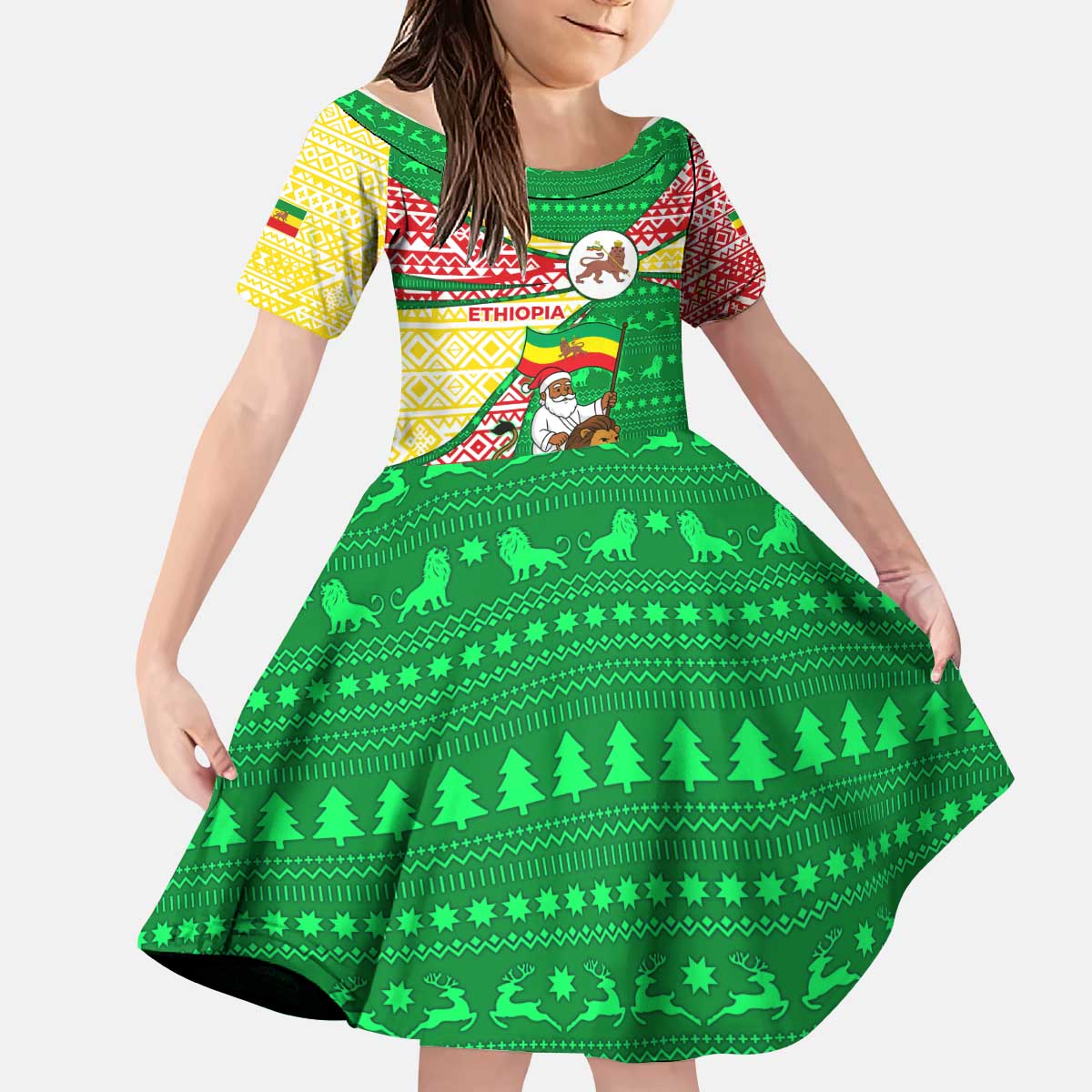 Ethiopia Christmas Kid Short Sleeve Dress with Santa Riding Lion Ethiopian Flag Colors and Tribal Pattern Design - Wonder Print Shop