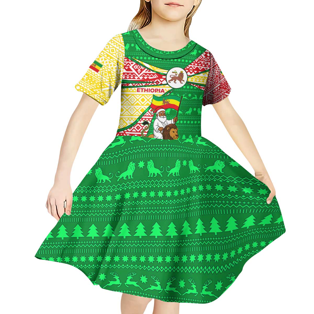 Ethiopia Christmas Kid Short Sleeve Dress with Santa Riding Lion Ethiopian Flag Colors and Tribal Pattern Design - Wonder Print Shop