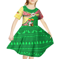 Ethiopia Christmas Kid Short Sleeve Dress with Santa Riding Lion Ethiopian Flag Colors and Tribal Pattern Design - Wonder Print Shop