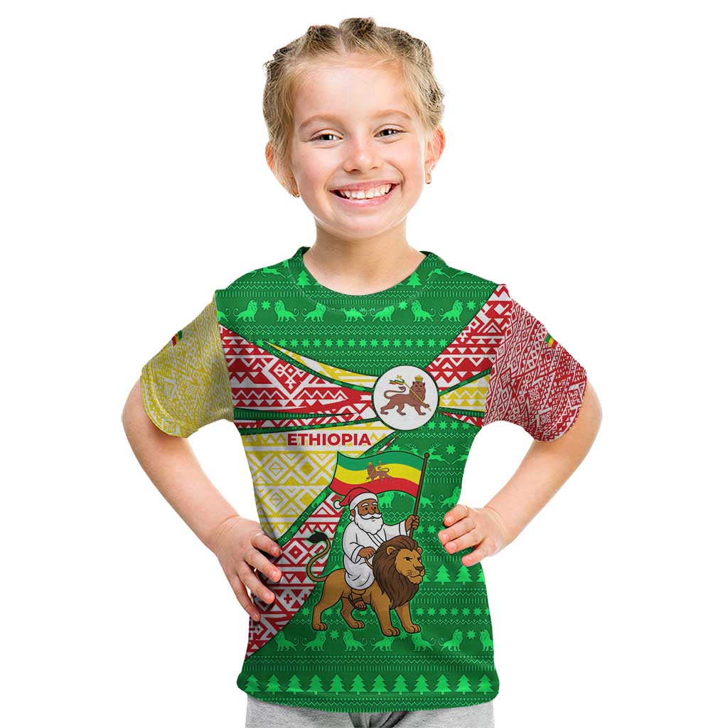 Ethiopia Christmas Kid T Shirt with Santa Riding Lion Ethiopian Flag Colors and Tribal Pattern Design - Wonder Print Shop