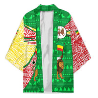 Ethiopia Christmas Kimono with Santa Riding Lion Ethiopian Flag Colors and Tribal Pattern Design - Wonder Print Shop