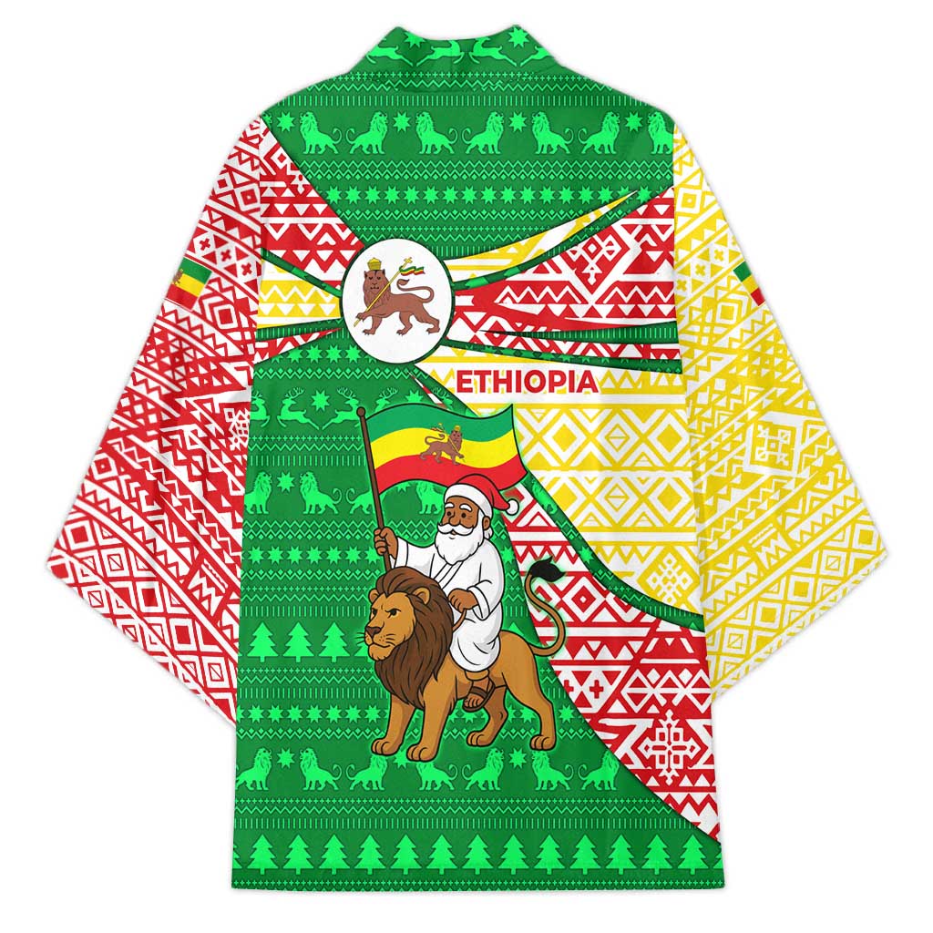 Ethiopia Christmas Kimono with Santa Riding Lion Ethiopian Flag Colors and Tribal Pattern Design - Wonder Print Shop