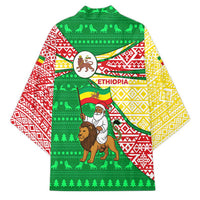 Ethiopia Christmas Kimono with Santa Riding Lion Ethiopian Flag Colors and Tribal Pattern Design - Wonder Print Shop