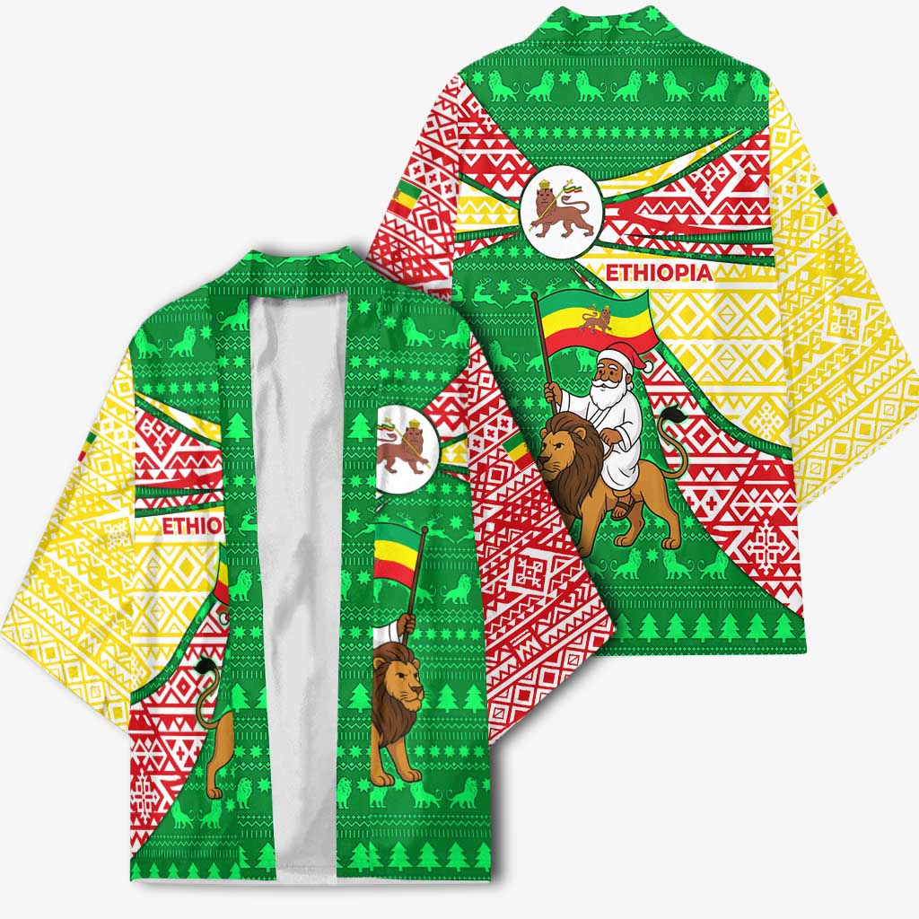 Ethiopia Christmas Kimono with Santa Riding Lion Ethiopian Flag Colors and Tribal Pattern Design - Wonder Print Shop