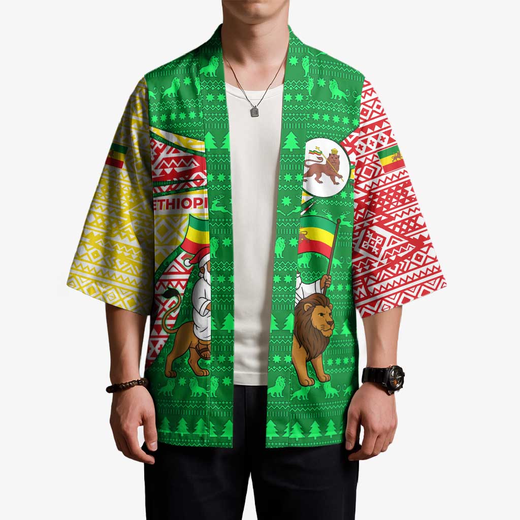 Ethiopia Christmas Kimono with Santa Riding Lion Ethiopian Flag Colors and Tribal Pattern Design - Wonder Print Shop