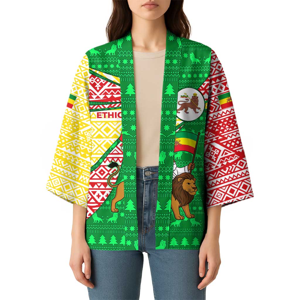 Ethiopia Christmas Kimono with Santa Riding Lion Ethiopian Flag Colors and Tribal Pattern Design - Wonder Print Shop