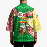 Ethiopia Christmas Kimono with Santa Riding Lion Ethiopian Flag Colors and Tribal Pattern Design - Wonder Print Shop
