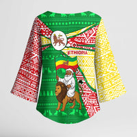 Ethiopia Christmas Kimono Sleeve Blouse with Santa Riding Lion Ethiopian Flag Colors and Tribal Pattern Design - Wonder Print Shop