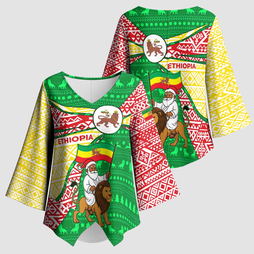 Ethiopia Christmas Kimono Sleeve Blouse with Santa Riding Lion Ethiopian Flag Colors and Tribal Pattern Design - Wonder Print Shop