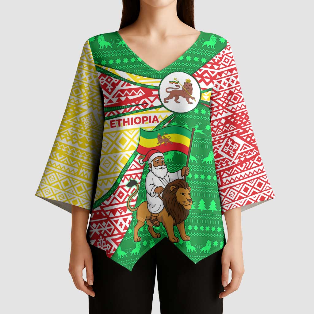 Ethiopia Christmas Kimono Sleeve Blouse with Santa Riding Lion Ethiopian Flag Colors and Tribal Pattern Design - Wonder Print Shop