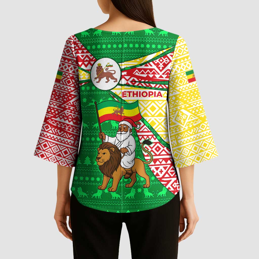 Ethiopia Christmas Kimono Sleeve Blouse with Santa Riding Lion Ethiopian Flag Colors and Tribal Pattern Design - Wonder Print Shop