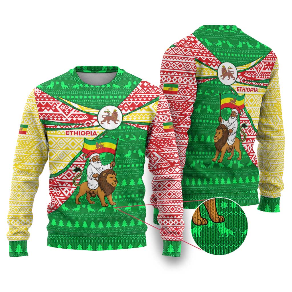 Ethiopia Christmas Ugly Christmas Sweater with Santa Riding Lion Ethiopian Flag Colors and Tribal Pattern Design - Wonder Print Shop