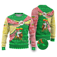 Ethiopia Christmas Ugly Christmas Sweater with Santa Riding Lion Ethiopian Flag Colors and Tribal Pattern Design - Wonder Print Shop