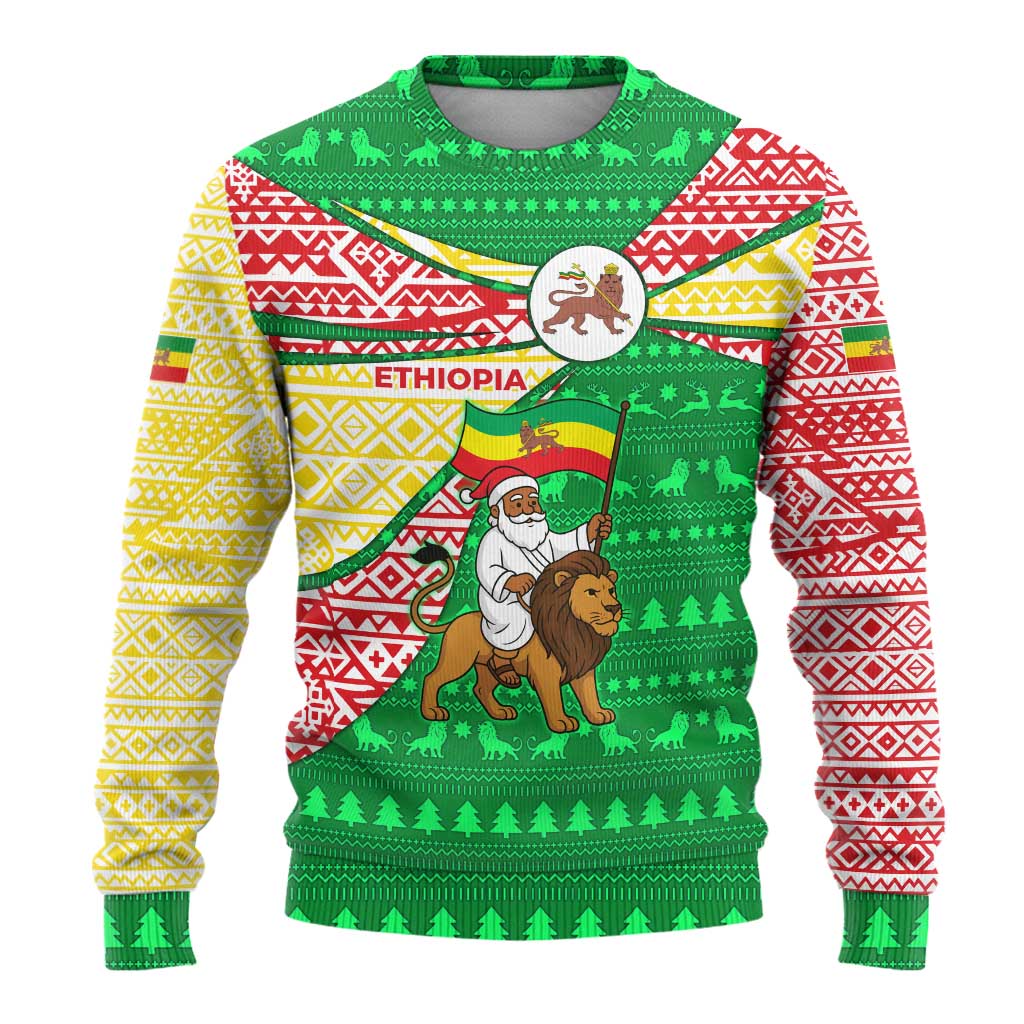 Ethiopia Christmas Ugly Christmas Sweater with Santa Riding Lion Ethiopian Flag Colors and Tribal Pattern Design - Wonder Print Shop