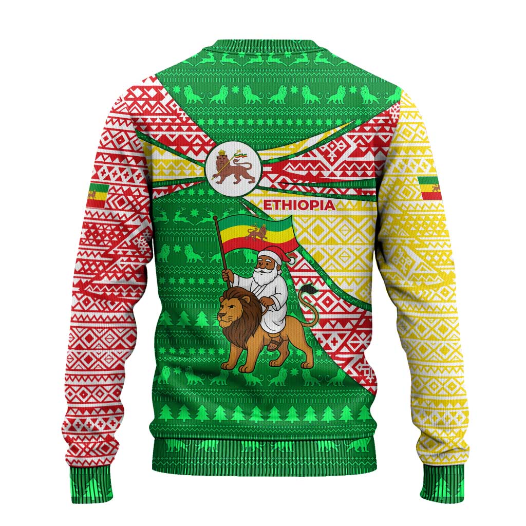 Ethiopia Christmas Ugly Christmas Sweater with Santa Riding Lion Ethiopian Flag Colors and Tribal Pattern Design - Wonder Print Shop