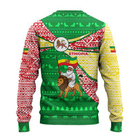 Ethiopia Christmas Ugly Christmas Sweater with Santa Riding Lion Ethiopian Flag Colors and Tribal Pattern Design - Wonder Print Shop