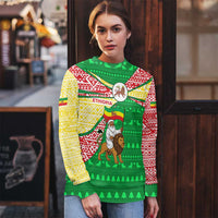 Ethiopia Christmas Ugly Christmas Sweater with Santa Riding Lion Ethiopian Flag Colors and Tribal Pattern Design - Wonder Print Shop