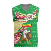Ethiopia Christmas Knitted V-Neck Vest with Santa Riding Lion Ethiopian Flag Colors and Tribal Pattern Design - Wonder Print Shop