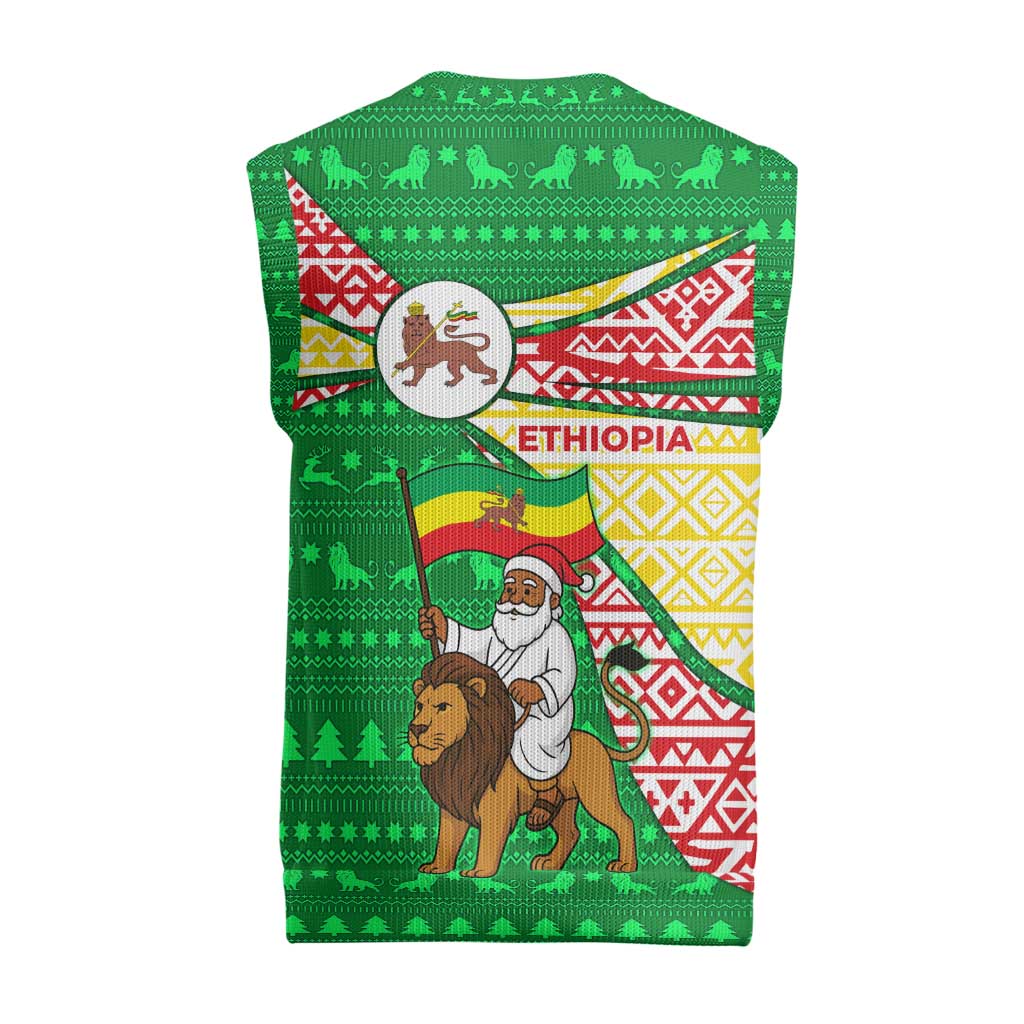 Ethiopia Christmas Knitted V-Neck Vest with Santa Riding Lion Ethiopian Flag Colors and Tribal Pattern Design - Wonder Print Shop