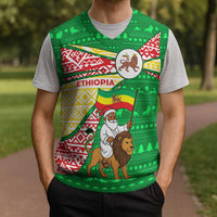 Ethiopia Christmas Knitted V-Neck Vest with Santa Riding Lion Ethiopian Flag Colors and Tribal Pattern Design - Wonder Print Shop