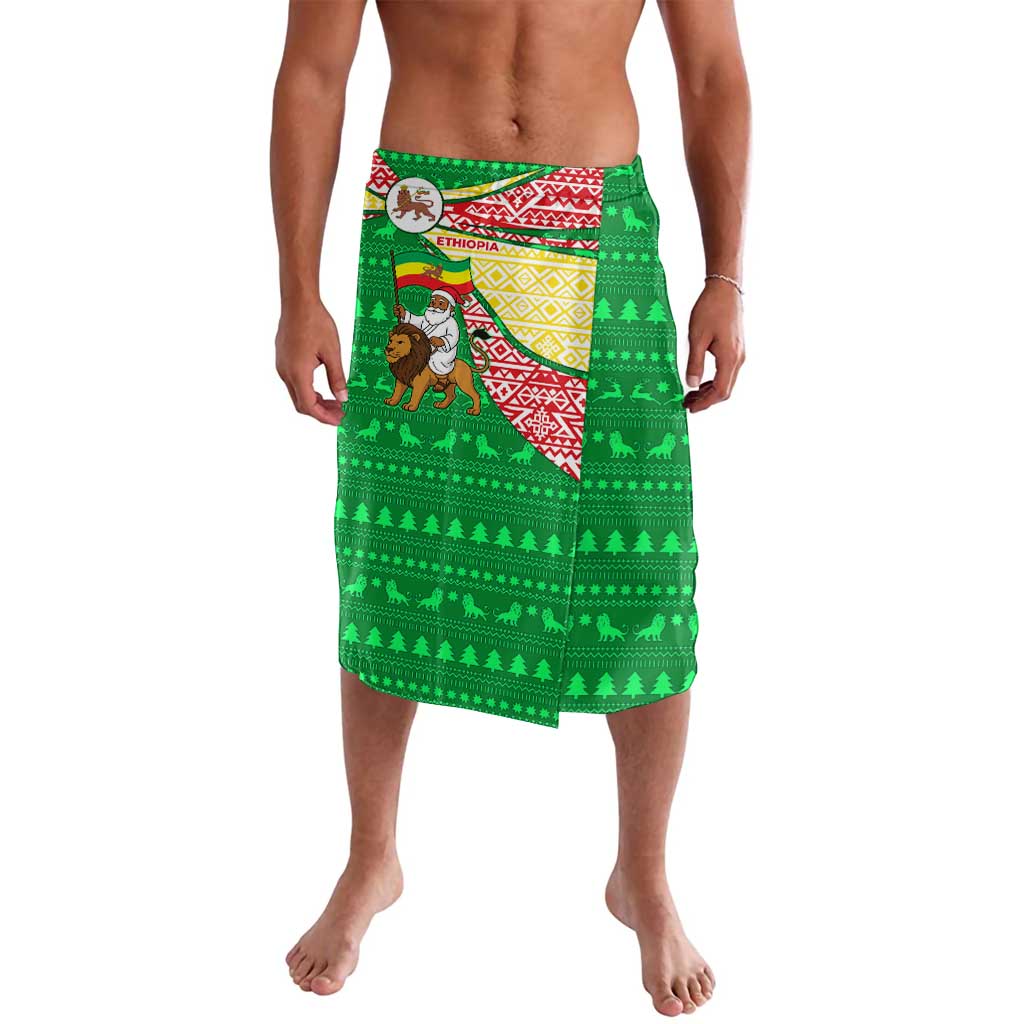 Ethiopia Christmas Lavalava with Santa Riding Lion Ethiopian Flag Colors and Tribal Pattern Design - Wonder Print Shop