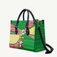 Ethiopia Christmas Leather Bag with Santa Riding Lion Ethiopian Flag Colors and Tribal Pattern Design - Wonder Print Shop