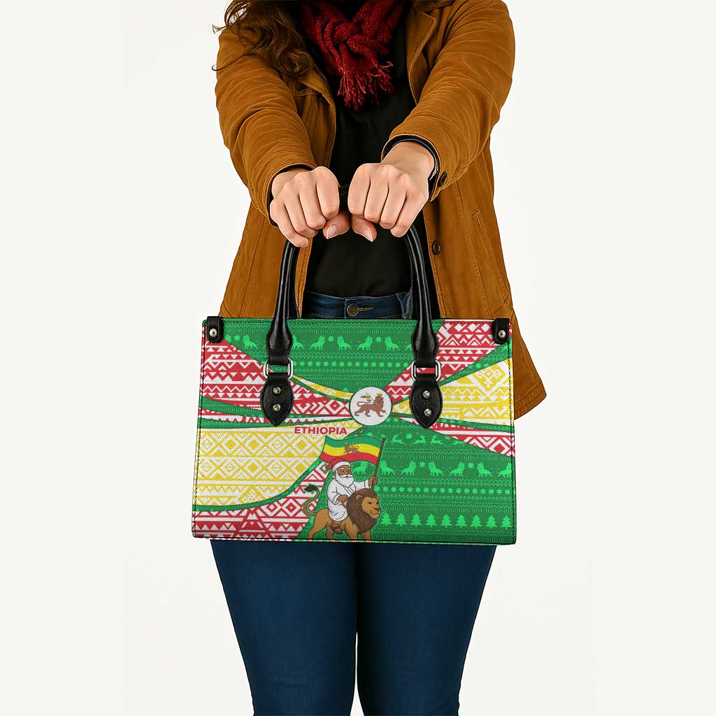 Ethiopia Christmas Leather Bag with Santa Riding Lion Ethiopian Flag Colors and Tribal Pattern Design - Wonder Print Shop