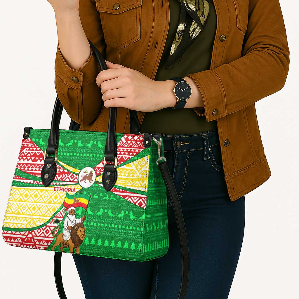 Ethiopia Christmas Leather Bag with Santa Riding Lion Ethiopian Flag Colors and Tribal Pattern Design - Wonder Print Shop