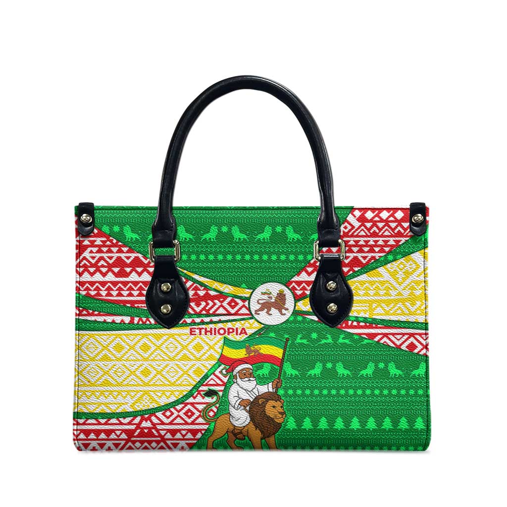 Ethiopia Christmas Leather Bag with Santa Riding Lion Ethiopian Flag Colors and Tribal Pattern Design - Wonder Print Shop