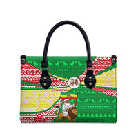 Ethiopia Christmas Leather Bag with Santa Riding Lion Ethiopian Flag Colors and Tribal Pattern Design - Wonder Print Shop