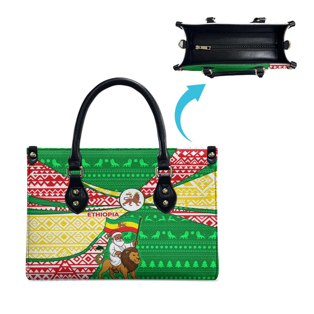 Ethiopia Christmas Leather Bag with Santa Riding Lion Ethiopian Flag Colors and Tribal Pattern Design - Wonder Print Shop