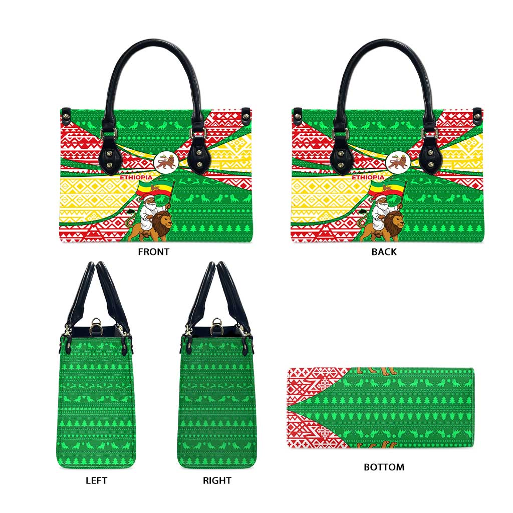 Ethiopia Christmas Leather Bag with Santa Riding Lion Ethiopian Flag Colors and Tribal Pattern Design - Wonder Print Shop