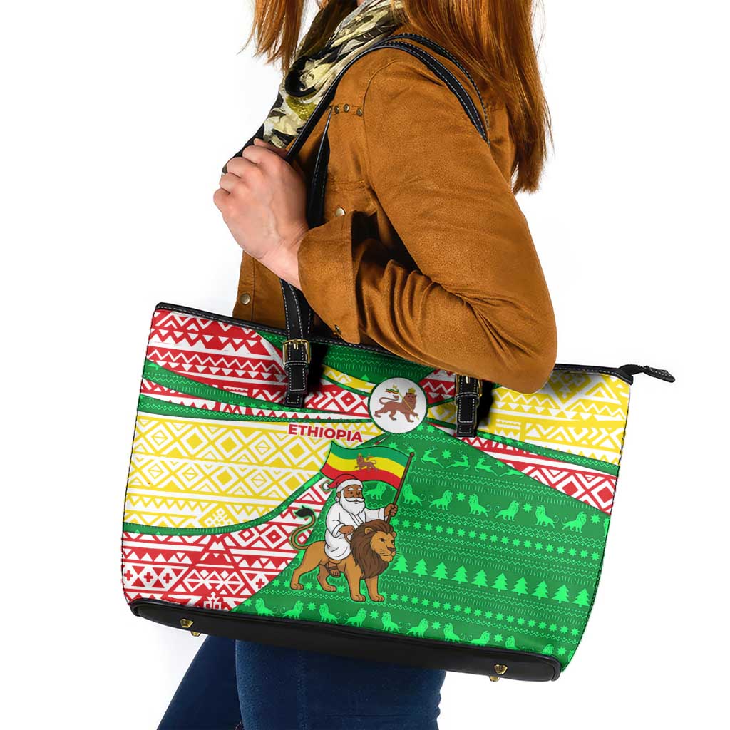 Ethiopia Christmas Leather Tote Bag with Santa Riding Lion Ethiopian Flag Colors and Tribal Pattern Design - Wonder Print Shop