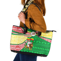 Ethiopia Christmas Leather Tote Bag with Santa Riding Lion Ethiopian Flag Colors and Tribal Pattern Design - Wonder Print Shop