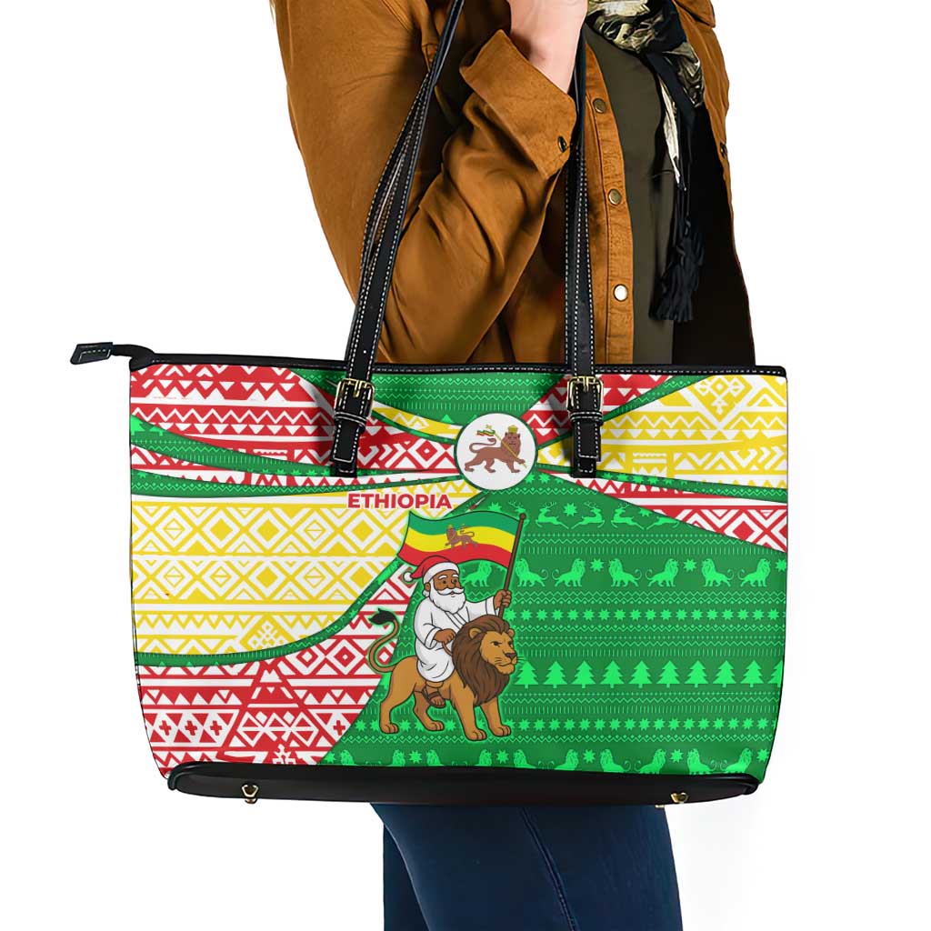 Ethiopia Christmas Leather Tote Bag with Santa Riding Lion Ethiopian Flag Colors and Tribal Pattern Design - Wonder Print Shop