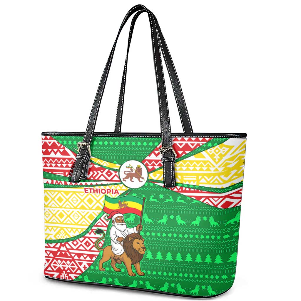 Ethiopia Christmas Leather Tote Bag with Santa Riding Lion Ethiopian Flag Colors and Tribal Pattern Design - Wonder Print Shop