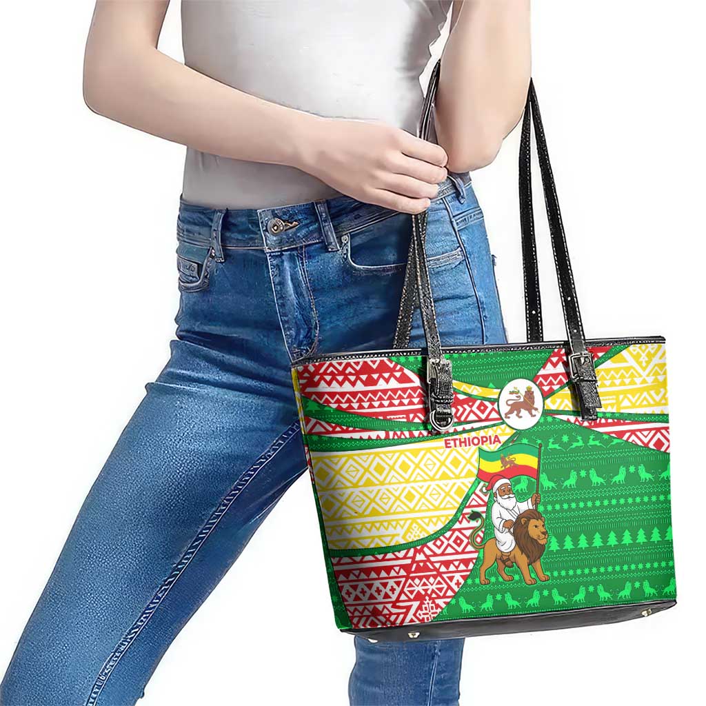 Ethiopia Christmas Leather Tote Bag with Santa Riding Lion Ethiopian Flag Colors and Tribal Pattern Design - Wonder Print Shop
