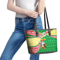 Ethiopia Christmas Leather Tote Bag with Santa Riding Lion Ethiopian Flag Colors and Tribal Pattern Design - Wonder Print Shop