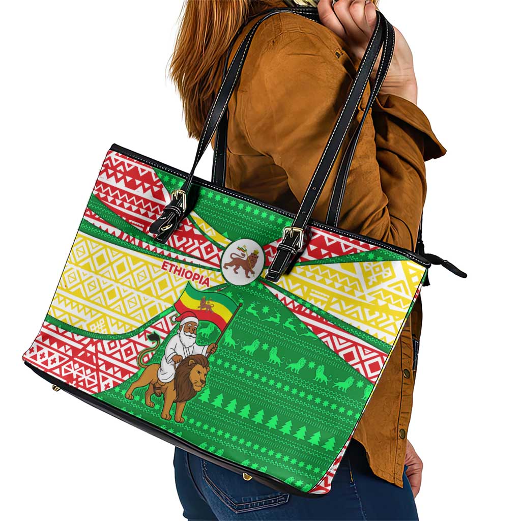 Ethiopia Christmas Leather Tote Bag with Santa Riding Lion Ethiopian Flag Colors and Tribal Pattern Design - Wonder Print Shop