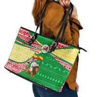 Ethiopia Christmas Leather Tote Bag with Santa Riding Lion Ethiopian Flag Colors and Tribal Pattern Design - Wonder Print Shop