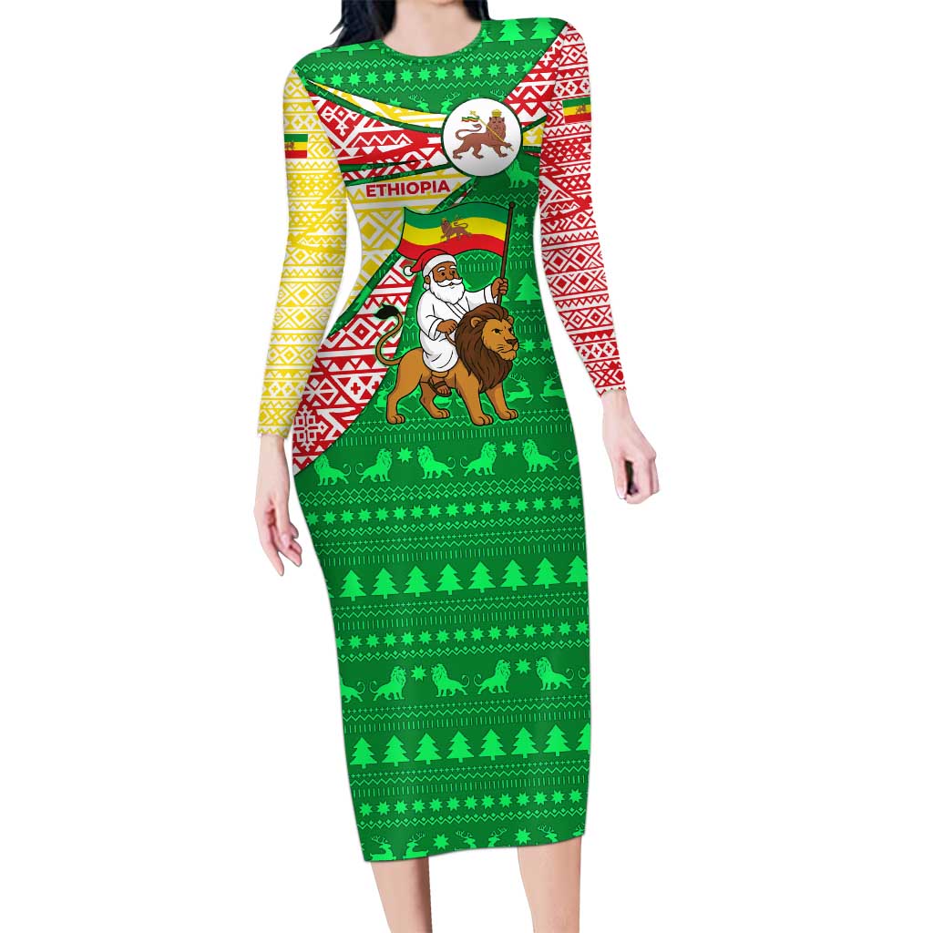 Ethiopia Christmas Long Sleeve Bodycon Dress with Santa Riding Lion Ethiopian Flag Colors and Tribal Pattern Design - Wonder Print Shop