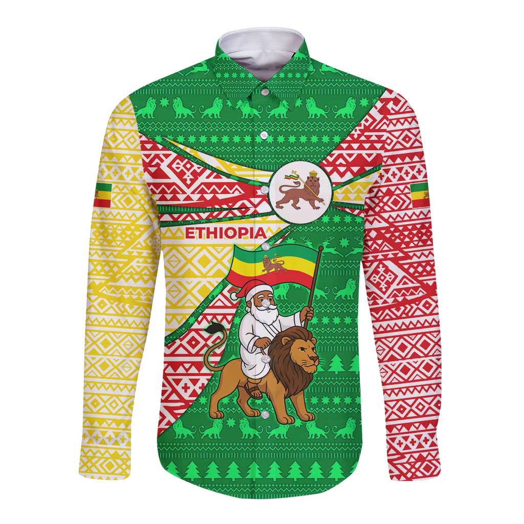 Ethiopia Christmas Long Sleeve Button Shirt with Santa Riding Lion Ethiopian Flag Colors and Tribal Pattern Design - Wonder Print Shop