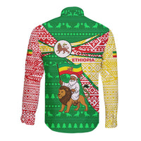 Ethiopia Christmas Long Sleeve Button Shirt with Santa Riding Lion Ethiopian Flag Colors and Tribal Pattern Design - Wonder Print Shop