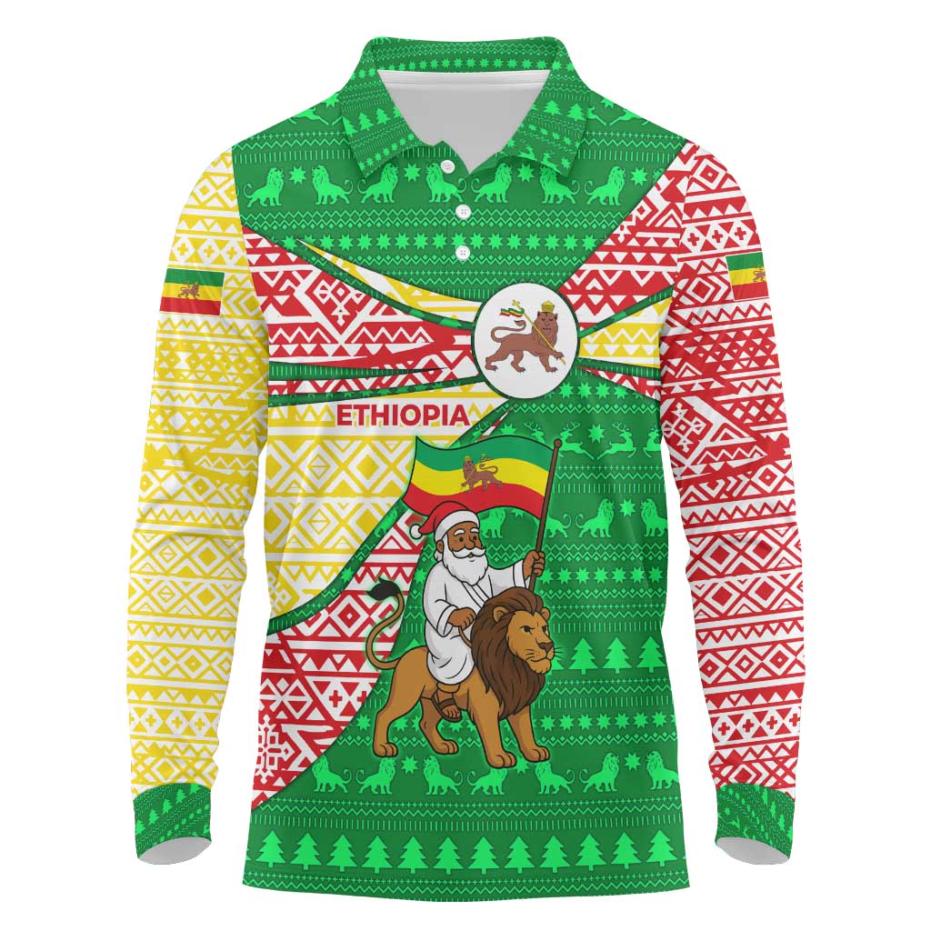 Ethiopia Christmas Long Sleeve Polo Shirt with Santa Riding Lion Ethiopian Flag Colors and Tribal Pattern Design - Wonder Print Shop