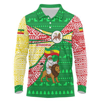 Ethiopia Christmas Long Sleeve Polo Shirt with Santa Riding Lion Ethiopian Flag Colors and Tribal Pattern Design - Wonder Print Shop